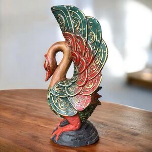 17.5” Carved Wood Peacock Swan Mirrored Rhinestones Polychrome Bird Statue Art